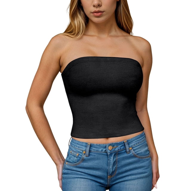 Tube Blouse for Women, Strapless Solid Color Casual Summer Top with Polyester Fabric, Regular Length, Hand Wash Cold