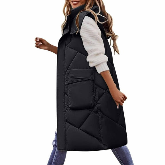 Niaviben Long Vest for Women Sleeveless Hooded Vest Plus Size Puffer Vest Puffy Jacket Quilted Jackets for Women Womens Vests Womens Fall Jackets Black L
