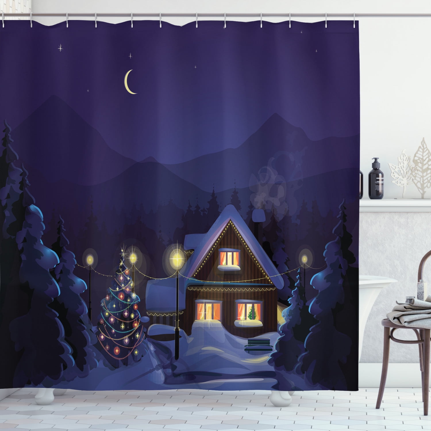 Christmas Shower Curtain Set, Winter Landscape with Decorated House and
