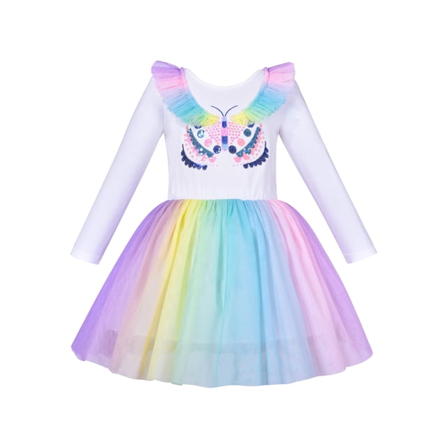 Robe Fille Arc-en-Ciel Papillon Brodé Manches Longues Robe de Soirée 4 Ans