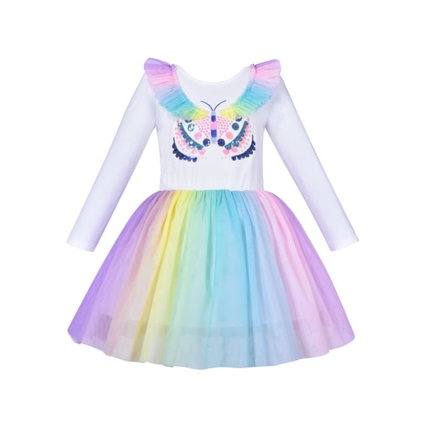 Vestido de Niña Arcoíris Butterfly Bordado de Manga Larga Vestido de Fiesta 7 Años