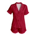 thumbnail image 4 of MEZZALL Women's Solid Color Pajama Set Short Sleeve Button Down Tops Sleepwear with Ruffled Shorts Two Piece Loungewear Summer Nightwear Vacation Pjs, 4 of 4