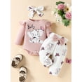 thumbnail image 3 of Qtinghua 3Pcs Newborn Baby Girls Fall Winter Clothes Elephant Print Long Sleeves Romper and Pants Headband Outfits Pink 12-18 Months, 3 of 9