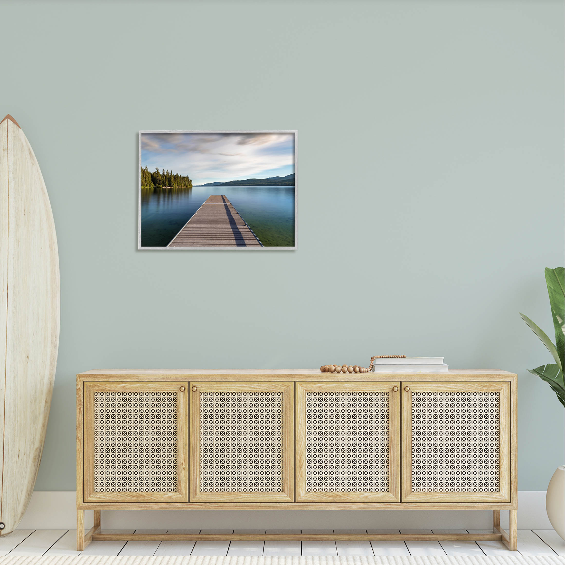 Soothing Lake Dock Mountains Landscape Photograph Gray Framed Art Print Wall Art