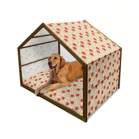 Fruits Pet House, Fresh Fruit Slices ed Backdrop Pie Ingredients Vegetarian Way of Life, Outdoor & Indoor Portable Dog Kennel with Pillow and Cover, 5 Sizes, Cream Red Beige, by Ambesonne