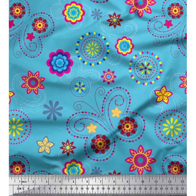 Soimoi Blue Rayon Crepe Fabric Insect & Floral Clip Art Print Sewing Fabric BTY 46 Inch Wide