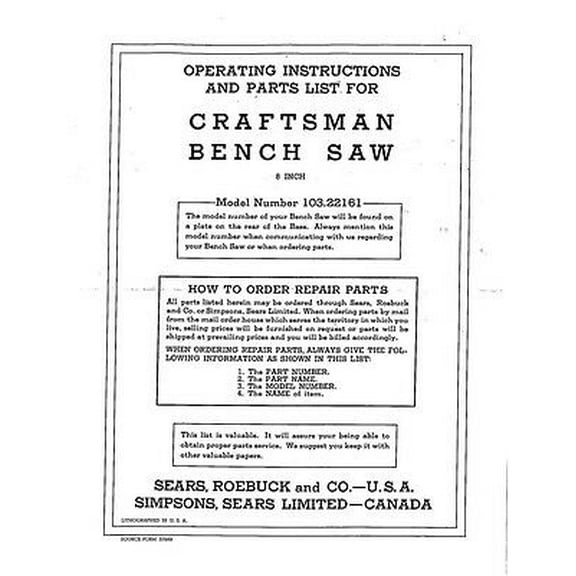 Instruction Manual ONLY for 1955 Craftsman 103.22161 8" Bench Saw Instructions REPRINT