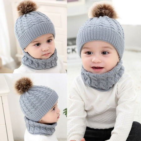 

BIZIZA Baby Hats Infant Beanie Caps Solid Color Faux Fur Pompom Cute with Scarf for 0-2Y Toddler Gray One Size