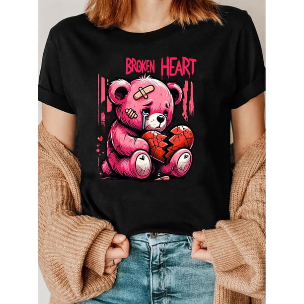 Camiseta con estampado de corazón roto y abrazo de oso rosa para San Valentín, camiseta informal de manga corta con cuello redondo para mujer, para adultos, hombres, mujeres, adolescentes, jóvenes.