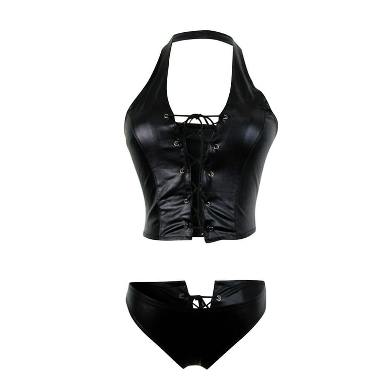 MRULIC lingerie for women Womens Leather Underwear Zipper Bodysuit With  Garter Thong Set Lingerie Black + XXL 