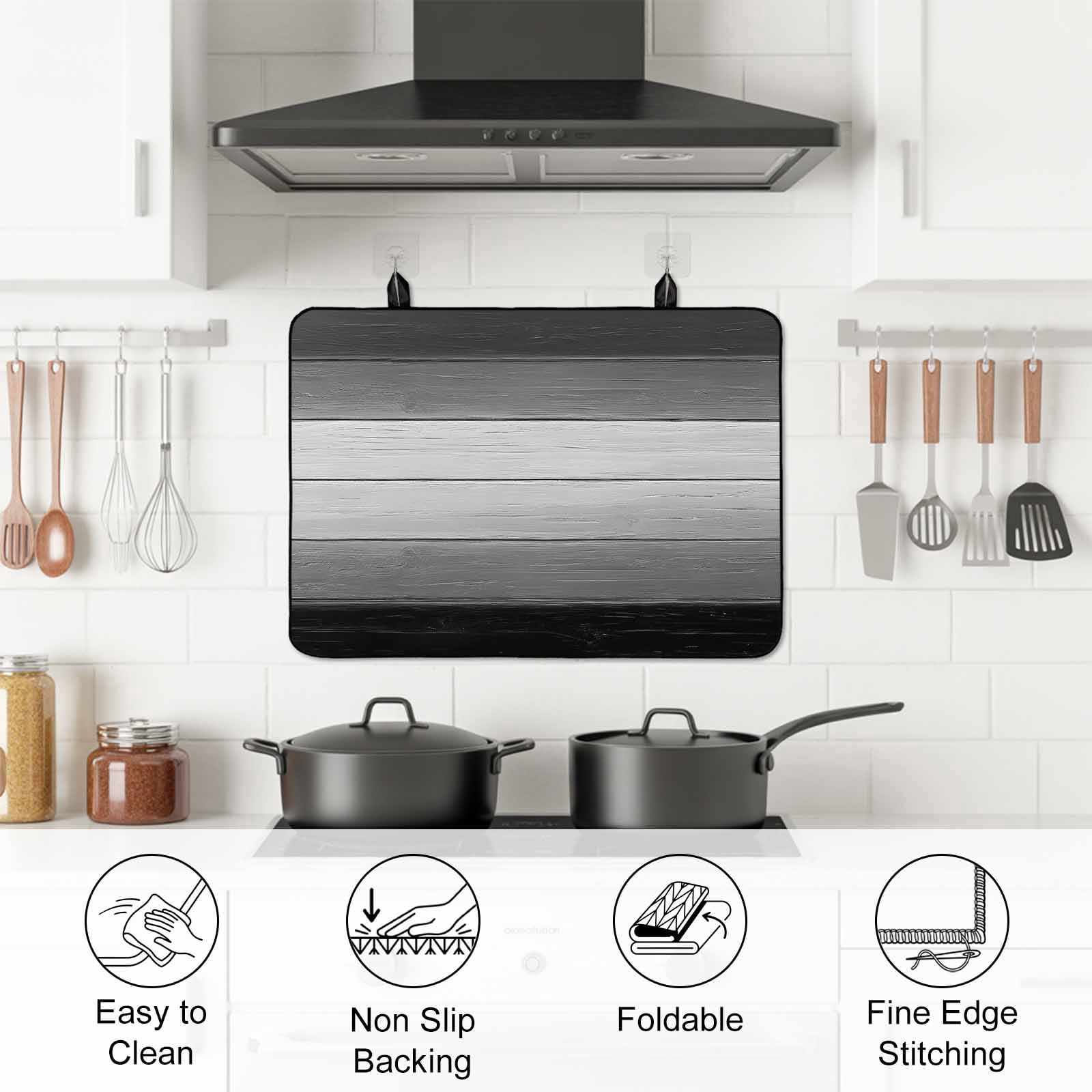 Black Gray Stove Top Cover for Electric Stove, Heat-proof & Non Slip Glass Top Stove Cover Protector, Farmhouse Vintage Gradient Wooden Plank Kitchen Flat Cooktop Rubber Mat 28.5x20.5 Inches