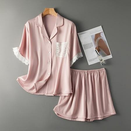 

HOMBOM Women Shorts Clearance Sexy Short Sleeved Shorts Lace Trim Two Piece Home Service Homewear Pajamas Sets