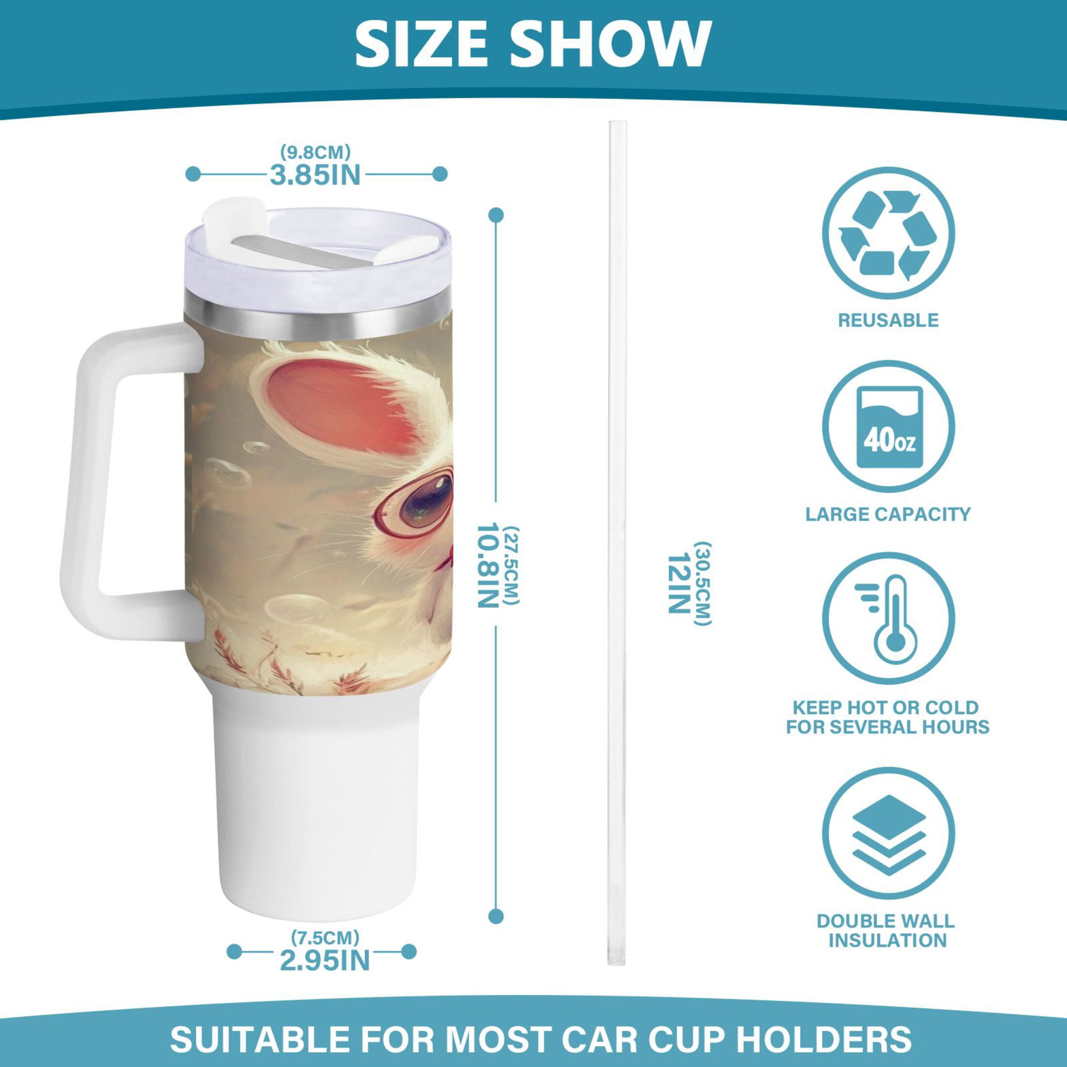 40 Oz Car Handle Water Bottle Water Cup Water Bottle Water Jug Coffee Cup Travel Water Bottle Cartoon Rabbit with Glasses