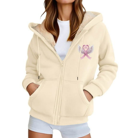Luwomo Womens Jackets Winter Warm Zip Up Hooded Long Sleeve Sweatshirt Cozy Lined Pullover Soft Outdoor Athletic with Pockets Regular Tops Beige,L