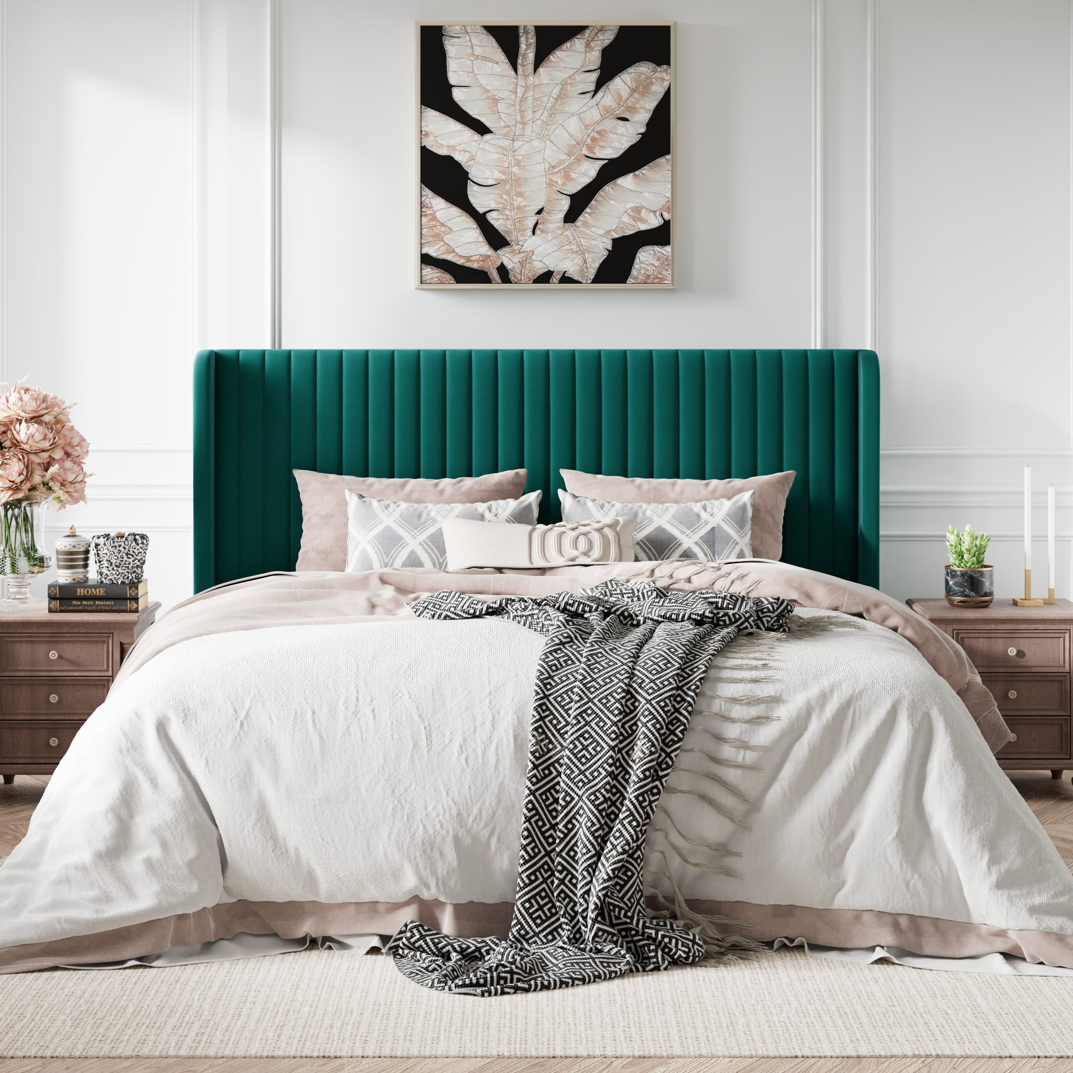 Amolife Velvet Wingback King Size Bed Frame, Upholstered with Vertical Stripes, Lake Blue  (图2) Amolife Velvet Wingback King Size Bed Frame, Upholstered with Vertical Stripes, Lake Blue  (图2)