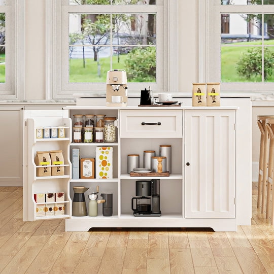 Coffee Bar, Aiho 45" Kitchen Storage Cabinet, Sideboard Buffet Cabinet with 14 Shelves, 1 Drawer - White
