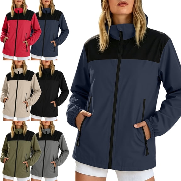Rain Jacket for Women Full Zip Hooded Long Sleeve Solid Color Casual Outdoor Zip Up Coat with Pockets