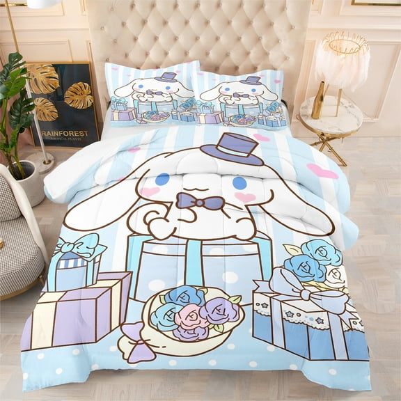 3 Piece Comforter Set Full Size, Cinnamoroll Blue Plaid Patchwork Comforter Bedding Set for All Season, Bed in a Bag with Pillowcases