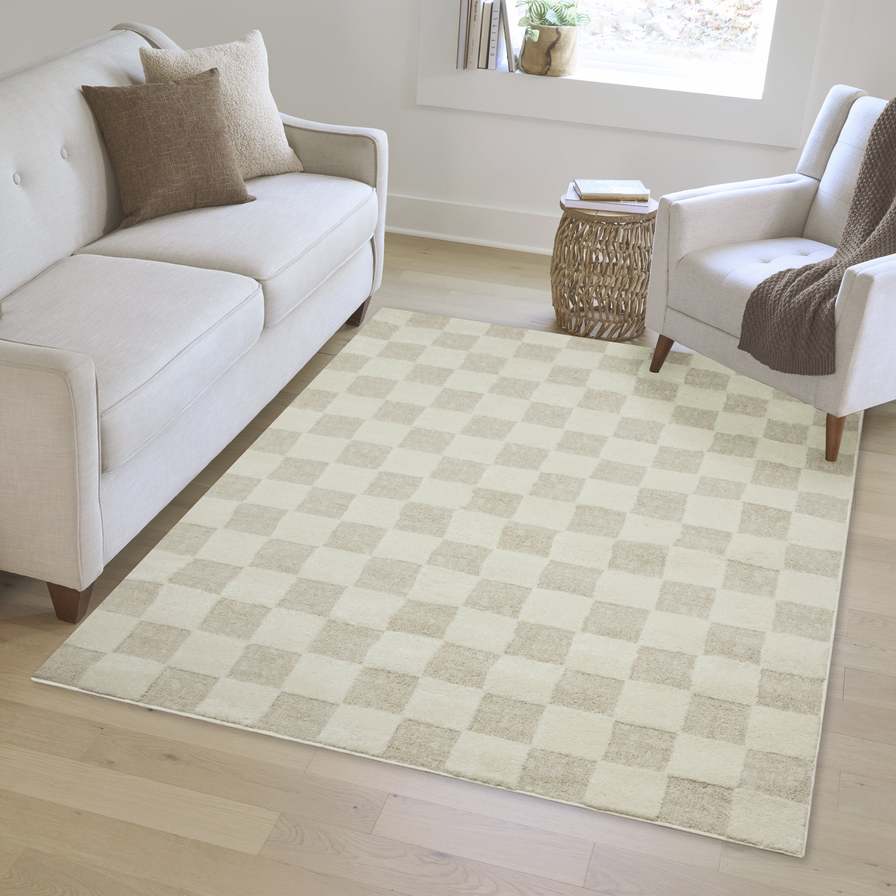 Mainstays Transitional Check Ivory Tan Indoor Area Rug, 5'3" x 7'
