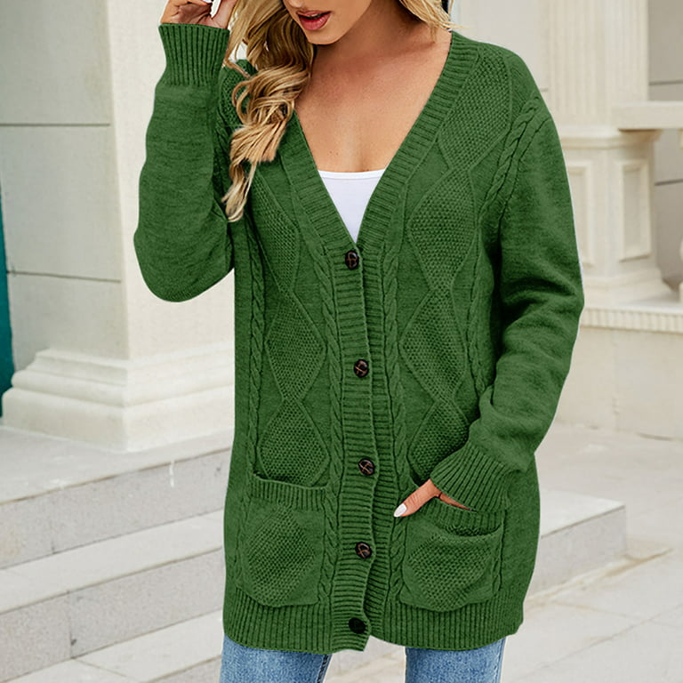 XFLWAM Women's Open Front Cardigan Sweater with Pockets Long Sleeve Cable  Knit Button Down Loose Cardigan Sweater Outwear Green M