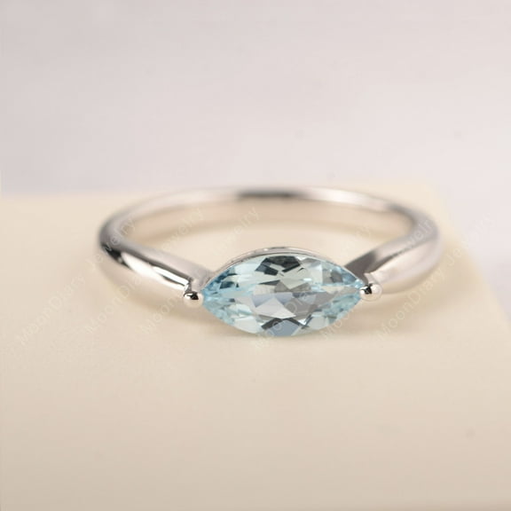 minimalist ring natural aquamarine wedding ring sterling silver marquise cut light blue stone March birthstone
