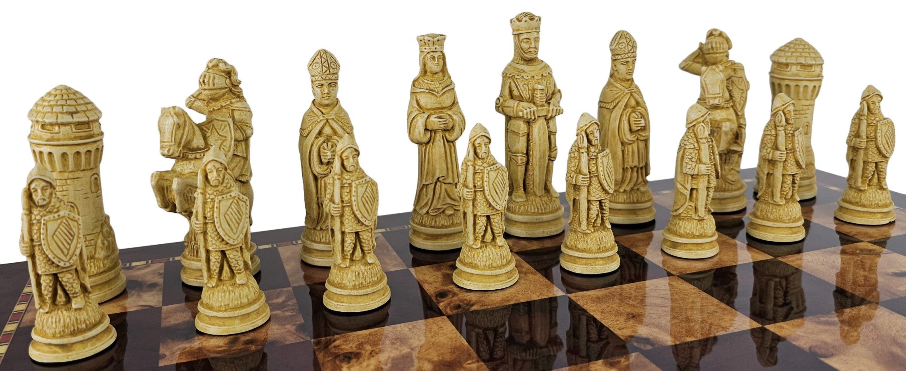 LARGE Medieval Times King Arthur Camelot Chess Set 20"Cherry Color Storage Board