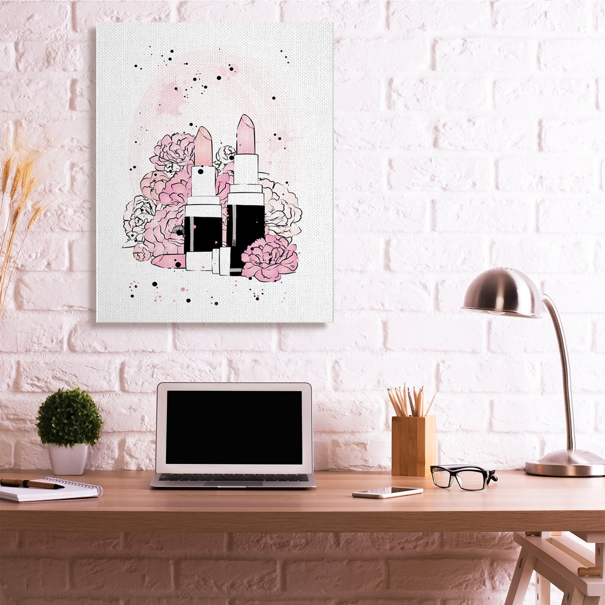 Stupell Industries Pink Peony Florals Glam Lipstick Cosmetic Beauty & Fashion Painting Gallery Wrapped Canvas Art Print Wall Art, 36 x 48