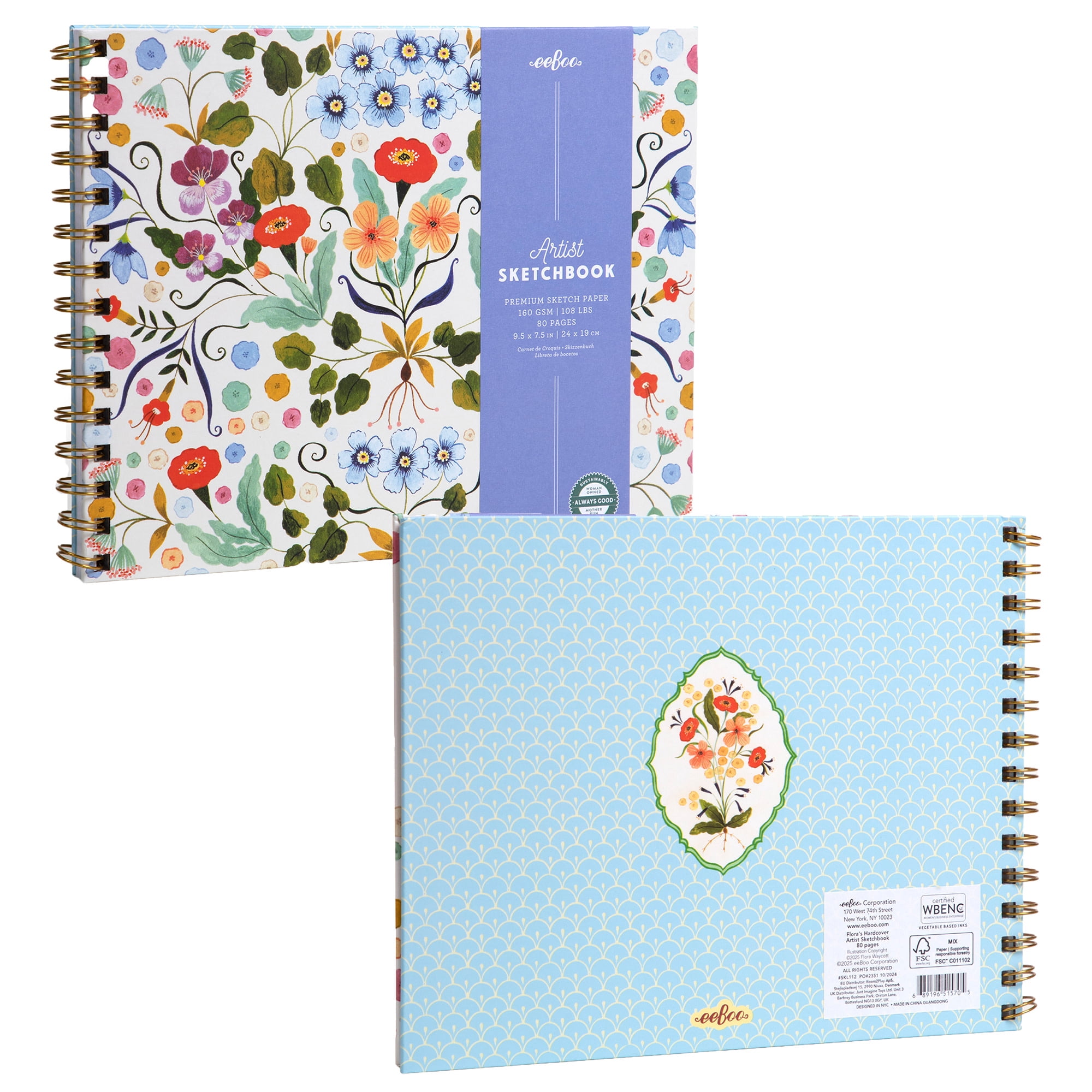 eeBoo Piece & Love: Artist Sketchbook - Flora's - 80 Pages, 9.5 x 7.5" Hardcover Spiral Book, 160 GSM, 108 LBS Drawing Paper, Cream w/ Flowers Cover