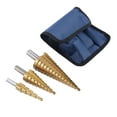 thumbnail image 2 of Juego de 3 brocas cónicas escalonadas de acero HSS grandes, cortador de agujeros, bolsa de almacenamiento azul, 2 of 10