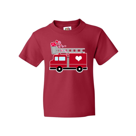 Inktastic Valentine's Day Red Firetruck with Pink Hearts Youth T-Shirt
