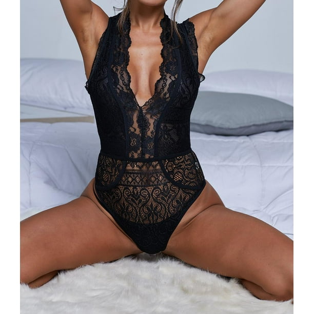 Boiiwant Women Long Sleeve Sexy Bodysuit Lace See Through Sheer