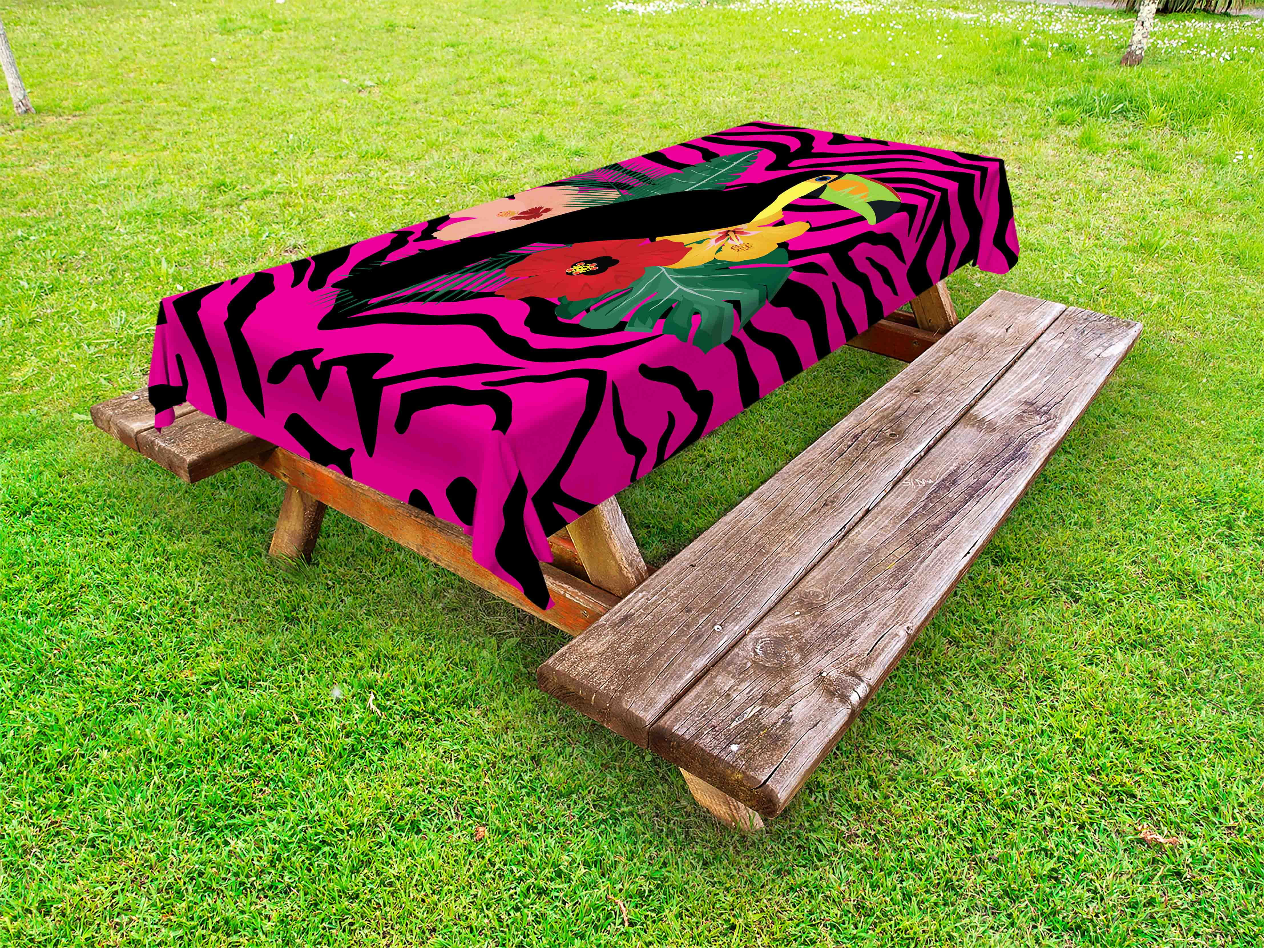Pink Zebra Outdoor Tablecloth, Toucan Bird Sitting on Hibiscus Plants