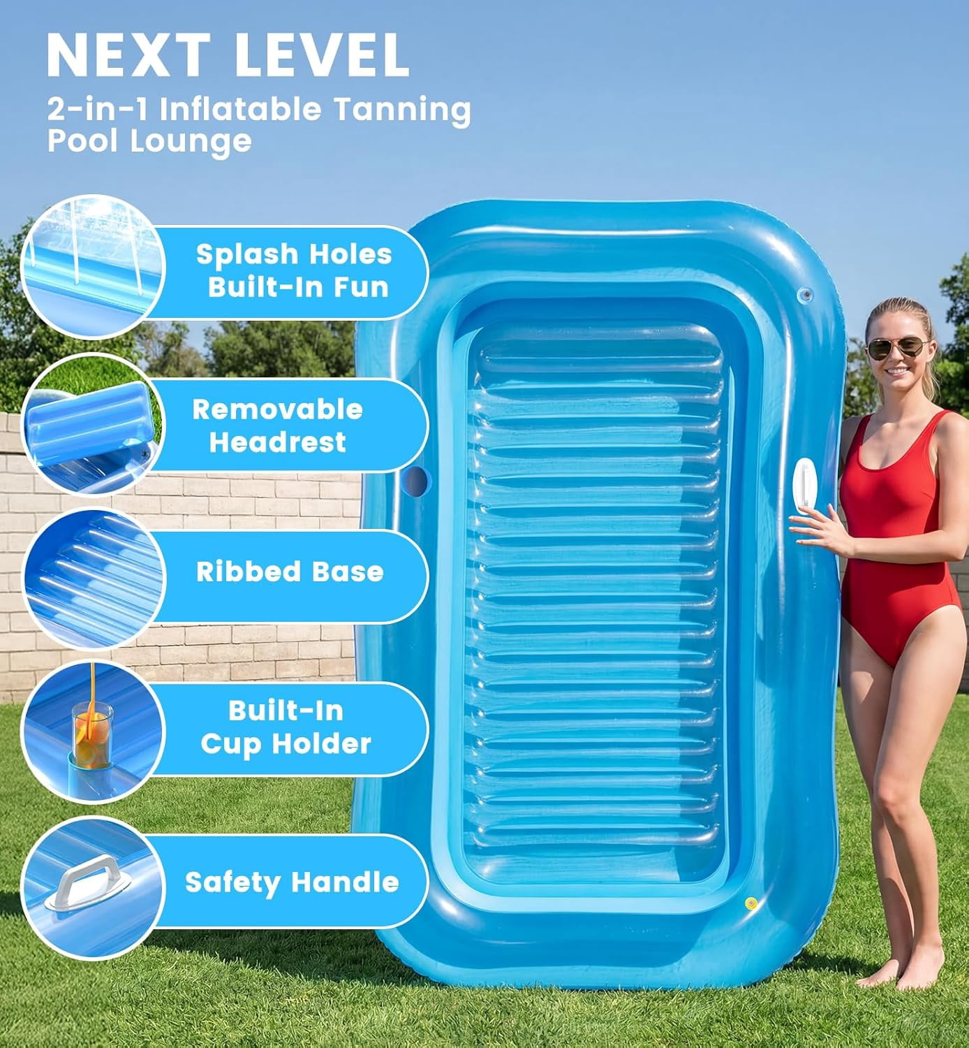 Inflatable Tanning Pool Lounger Float with Sprinkler, 77" x 48" Pool Floats Adult with Pillow, 6 in 1 Suntan Tub Raft Floatie with Drink Holder Sunbathing Water Lounge L