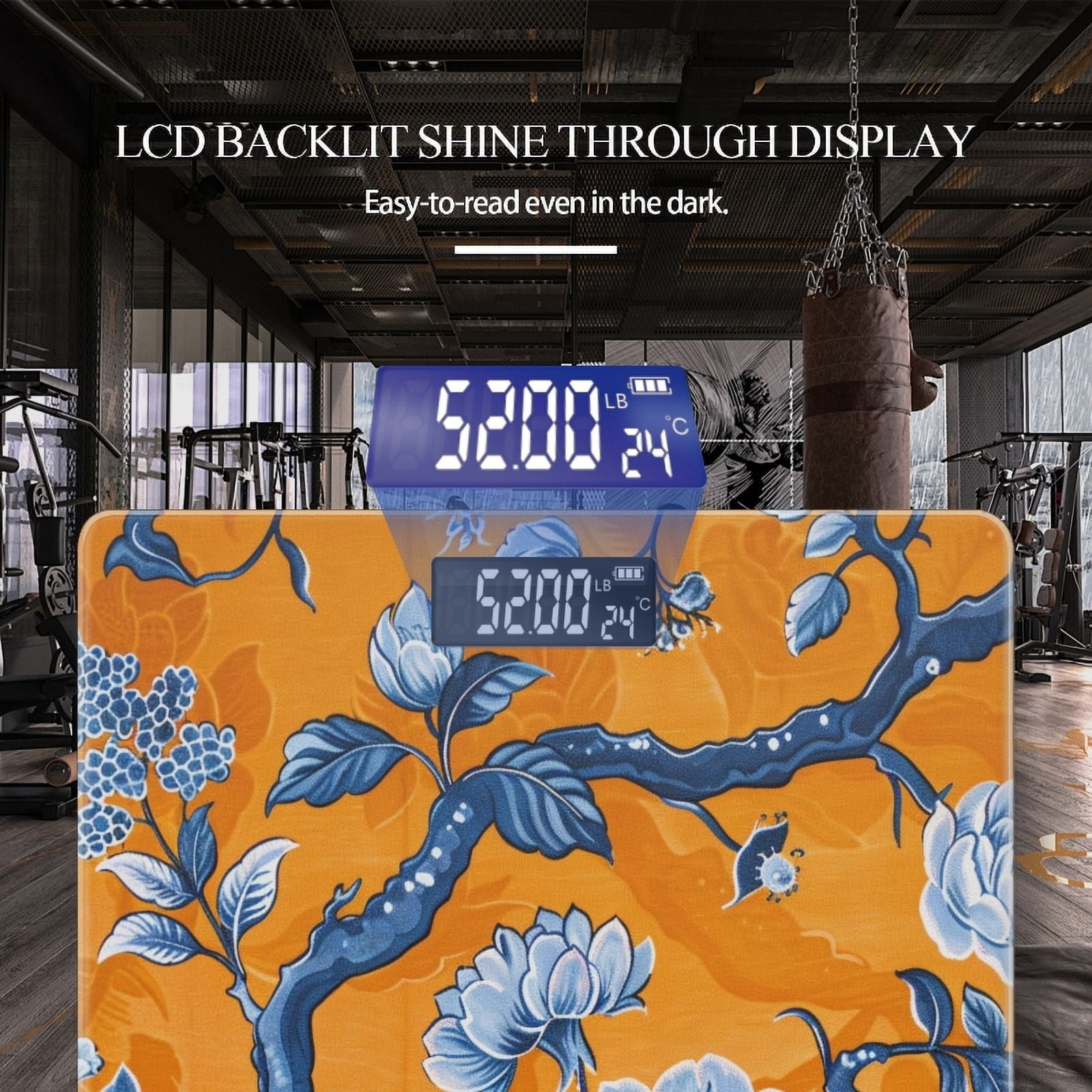 Bathroom Scale, Highly Accurate Digital Body Scale,Precisely Measures Weight up to 400 lbs-Blue And White Pattern With Orange Background