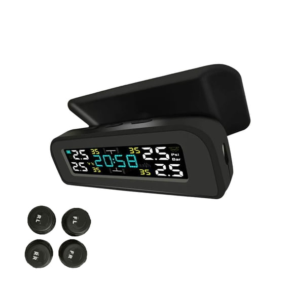 Tire Pressure Monitoring System, TPMS Air Pressure Alarm With 4 Sensors And Alarm Modes, With Color LCD Screen, With Solar And USB Charger For RV Car Truck SUV -black-Buzzer Announcement