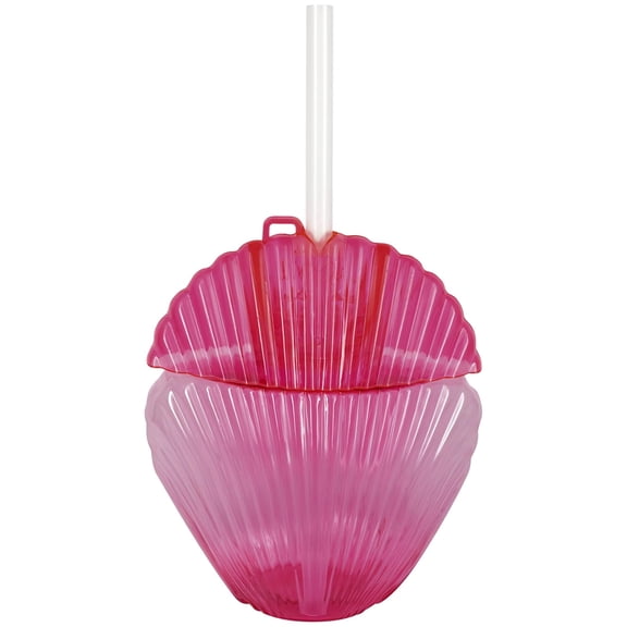 Unique Pink Translucent Seashell Shaped Plastic Cup with Straw, 15 oz. (1 Count) - Stylish & Reusable Drinkware, Ideal for Birthdays, Parties, Outdoor Gatherings, & More
