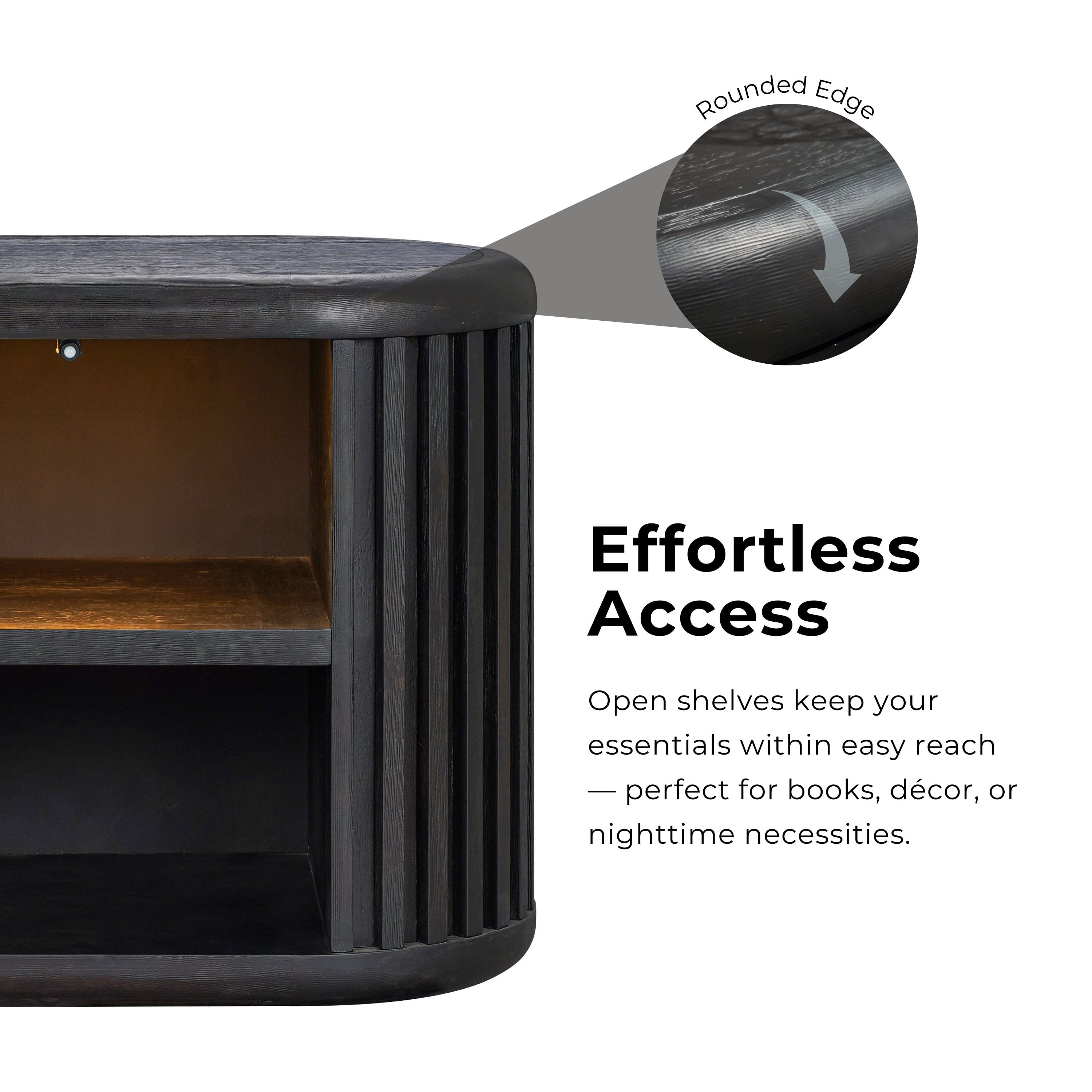 Furniture of America Kaelin Modern Fluted and Rounded 2-Shelf Nightstand with Motion Sensor, Black
