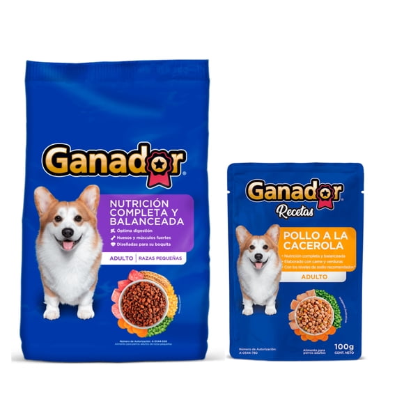 Ganador Razas Pequeñas 20 kg + Sobre Pollo Cacerola 100g (22 Pzas)