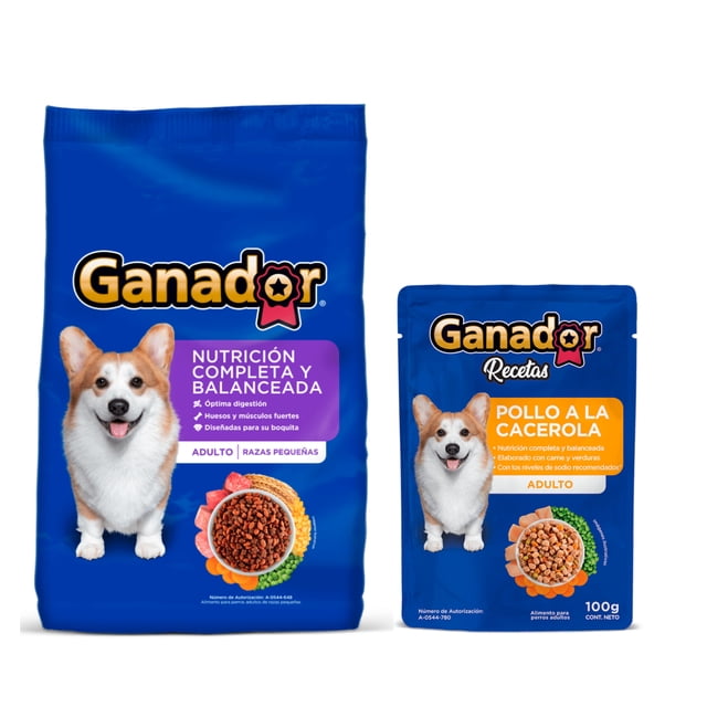Ganador Razas Pequeñas 20 kg + Sobre Pollo Cacerola 100g (22 Pzas)