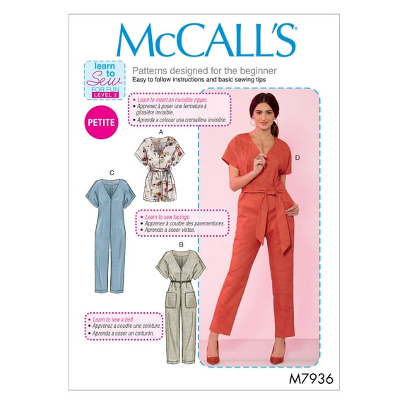 McCall's Learn Women's Loose-Fitting Romper and Jumpsuit, Sizes 4-14 Sewing Pattern, various, White