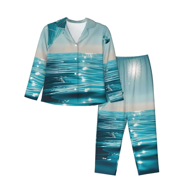 Balery Turquoise Ocean Reflection Conjunto de Pijama con Estampado para Mujer, Conjunto de Dos Piezas con Manga Larga, Ropa de Dormir Suave con Bolsillos, Pijamas Cómodos-Large