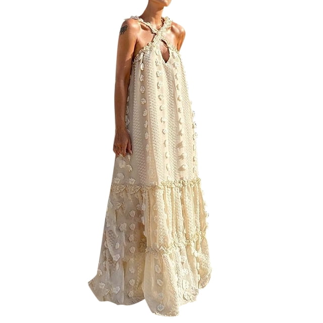 Femmes Robe Décontractée Robes à Rayures pour Femmes Femmes Licol Cou Trois Fleurs Franges Mode Décontractée Robe Adulte Vêtements Féminins Beige Taille L
