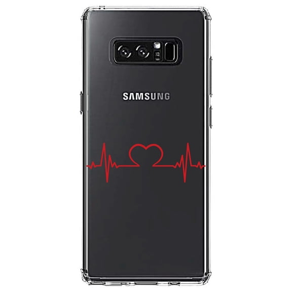 DistinctInk Clear Shockproof Hybrid Case for Samsung Galaxy Note 8 - TPU Bumper Acrylic Back Tempered Glass Screen Protector - Heart Pulse EKG Red Valentine