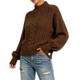 thumbnail image 2 of Women's Mock Neck Cable Knit Sweater, Long Sleeve Cropped Pullover, Loose Button Detail Knitted Jumper, Warm Casual Tops for Fall Winter Daily Wear Brown One Size, 2 of 4