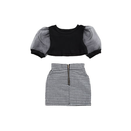 

Mioliknya Girls 2 Pieces Summer Puff Sleeve Round Collar Tops + Plaid Skirt Outfit