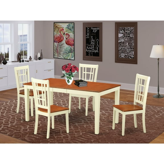 East West Furniture NICO5-WHI-W 5 Piece Dining Table Set-Table With Leaf 4 Chairs For Dining Room