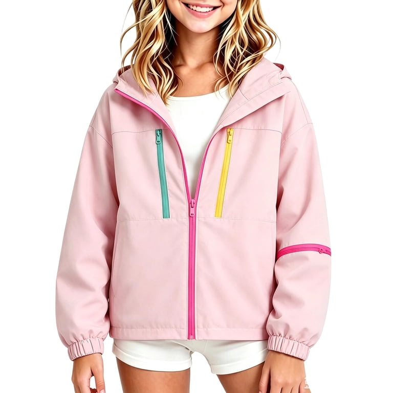ROHUUQUE Boys Girls Hooded Jacket Color Block Zip Windproof Solid Color ...