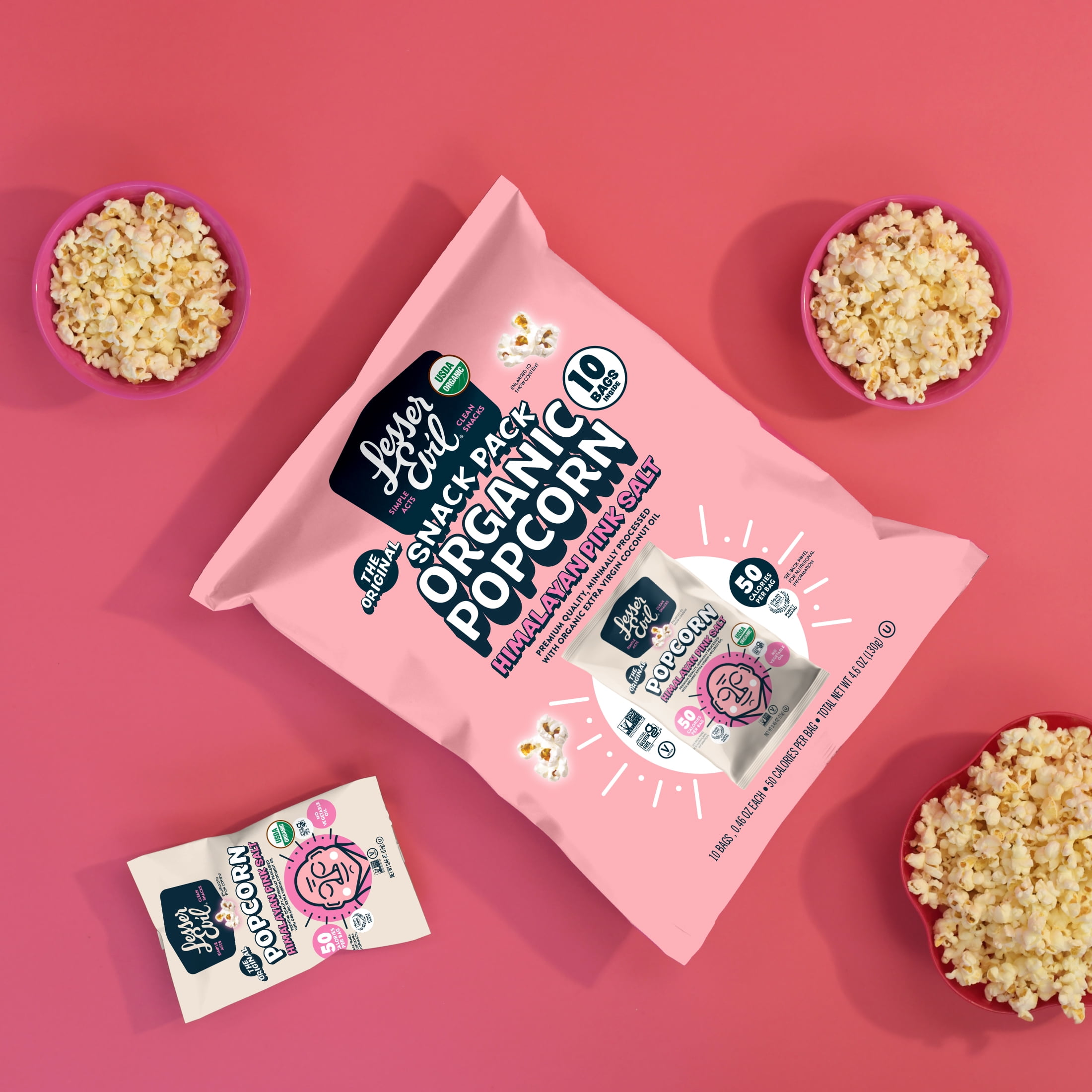 LesserEvil Organic Popcorn, Himalayan Pink, Gluten-Free .46 oz Bags, 10 Count