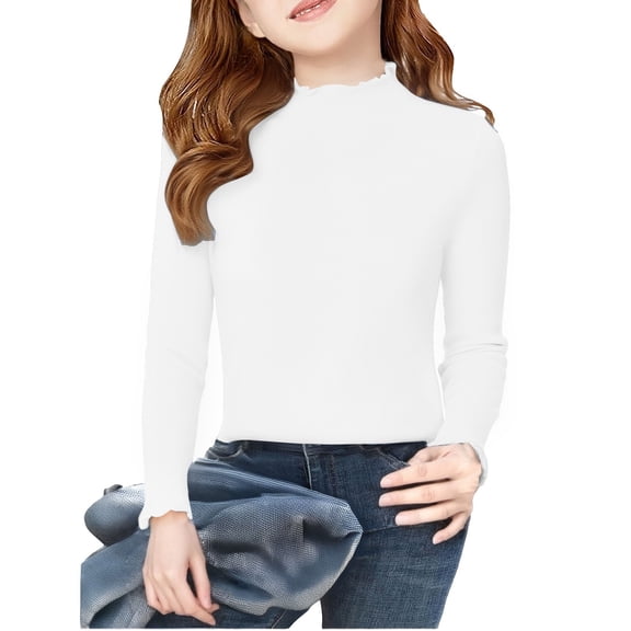 Mercatoo Kids Girls Basic Tops Lettuce Trim Mock Neck Slim Fit Lightweight Pullover Fall Warm Long Sleeve Shirt