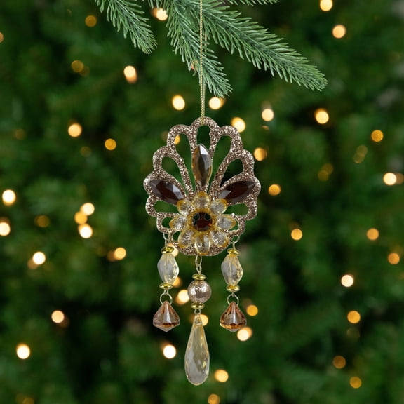 Kurt Adler 6.5" Amber Glitter Flower Gem Christmas Ornament